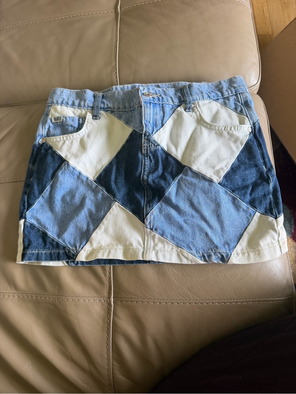 Patchwork Denim Mini Skirt in Blue & White